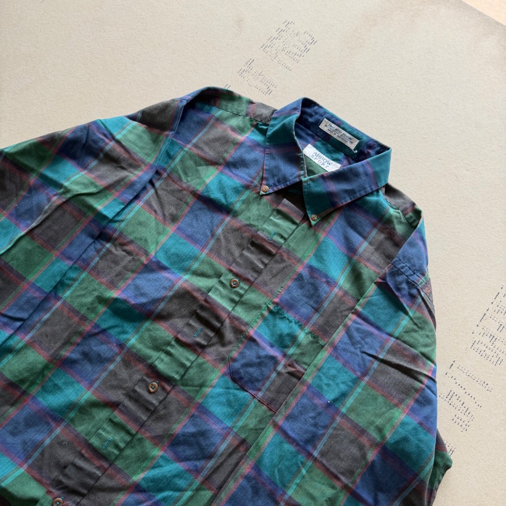 Vintage 80's Arrow Sport Plaid Button Down Chain Stitch Shirt